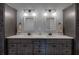 Stylish bathroom featuring a double vanity with gray cabinets, white countertop, and modern lighting at 613 Nebo Rd, Dallas, GA 30157