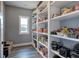 Well-organized walk-in pantry with ample shelving and natural light from a window at 613 Nebo Rd, Dallas, GA 30157