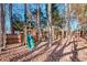 Backyard features a wooden playset, complete with a slide and swings, set against a backdrop of trees at 893 Brookgreen Pl, Lawrenceville, GA 30043