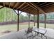 Covered patio area with a table, chairs, and tranquil views of the backyard and surrounding trees at 1625 Brisbane Dr, Dacula, GA 30019