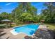 Backyard with a large in-ground pool, concrete patio, and mature trees for privacy at 2994 Cathy Ann Nw Ct, Acworth, GA 30101