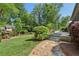 Lush backyard features mature trees, playset, and stone walkway at 1922 Olde Village Run, Dunwoody, GA 30338