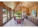 Covered dining area with wood paneled ceiling, outdoor views, and mini fridge at 5010 Heardmont Trace Rd, Cumming, GA 30028