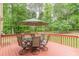 Spacious deck area with table, chairs, and an umbrella, surrounded by lush trees for outdoor enjoyment at 1180 Oxford Dr, Conyers, GA 30013