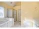 Bright bathroom with tub and shower combo and vanity sink at 2118 Sableshire Se Way, Conyers, GA 30013