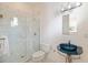 Stylish bathroom with a glass-enclosed shower, blue glass vessel sink, and modern fixtures for a sleek design at 4835 Merlendale Ct, Atlanta, GA 30327
