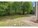 Backyard featuring a grassy area with mature trees and a concrete patio for outdoor enjoyment at 4087 Rosebud Park Dr, Snellville, GA 30039