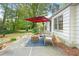 Outdoor patio with umbrella, chairs, and lush landscaping for relaxing and entertaining at 3917 Plantation Dr, Marietta, GA 30062