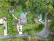 Aerial view shows a home's layout with a pool, large yard, and surrounding mature trees at 4364 Saddlecreek Ct, Auburn, GA 30011