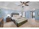 Beautiful blue main bedroom featuring a ceiling fan, a tray ceiling, and carpeted floors at 1143 Brookhaven North Cir, Brookhaven, GA 30319