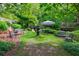 Picturesque garden area with benches, manicured greenery, and an elegant fountain at 27306 Plantation Ne Dr, Atlanta, GA 30324