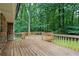 A spacious wooden back deck with a wooden railing overlooks a lush green backyard full of trees at 4293 Smithsonia Dr, Tucker, GA 30084