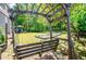 Landscaped backyard with wooded area and seating under a pergola at 210 Creekside Overlook, Hiram, GA 30141