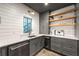 Close-up of a modern wet bar with open shelving, marble counters, and stainless steel dishwasher at 4005 N Stratford Ne Rd, Atlanta, GA 30342