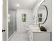 Sleek bathroom with a glass-enclosed shower, double vanity, contemporary fixtures, and ample lighting at 1721 Hortense Nw Pl, Atlanta, GA 30318