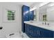 Stylish bathroom features double sinks, custom blue cabinets, and modern fixtures at 2590 Eastwood Dr, Decatur, GA 30032