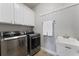 A well-equipped laundry room features front loading washer and dryer and ample storage and large utility sink at 3253 Cates Ne Ave, Brookhaven, GA 30319