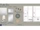 Architectural drawing of a powder room highlighting fixtures, finishes, marble countertop, and white oak hardwood flooring at 11825 Serenbe Ln, Chattahoochee Hills, GA 30268
