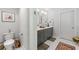 Modern bathroom with gray cabinets, double sinks, and a separate toilet area at 917 Gaylemont Cir, Decatur, GA 30033