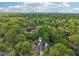 Stunning aerial view of a blue two-story home nestled among lush greenery, with the city skyline in the distance at 424 Melrose Ave, Decatur, GA 30030