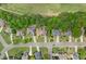 An aerial view reveals a neighborhood featuring sidewalks, green spaces, and neatly arranged homes along a golf course at 7020 Grand View Way, Suwanee, GA 30024