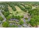 Aerial view features a golf course, clubhouse, and parking lot, showcasing a community with recreational amenities at 7020 Grand View Way, Suwanee, GA 30024
