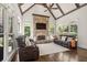 Bright living room boasts cathedral ceilings, exposed beams, a stone fireplace, and large windows at 8715 Islesworth Ct, Duluth, GA 30097