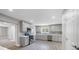 A modern kitchen featuring gray cabinets, a tile backsplash, stainless steel appliances, and laminate flooring at 1528 Alder Sw Ln, Atlanta, GA 30311