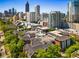 Aerial view of a brick apartment building with a pool in a vibrant city setting surrounded by trees at 850 Piedmont Ne Ave # 2509, Atlanta, GA 30308