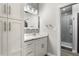 Stylish bathroom featuring granite counters, white cabinets, and designer wallpaper at 850 Piedmont Ne Ave # 2509, Atlanta, GA 30308