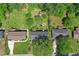 Aerial view of three homes featuring well-maintained lawns with mature trees in a neighborhood at 4360 Pleasant Forest Dr, Decatur, GA 30034