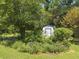 Backyard view of storage shed among greenery, flowers, and foliage at 4360 Pleasant Forest Dr, Decatur, GA 30034