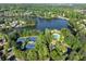 An aerial view shows a neighborhood with lake, pool, and tennis courts surrounded by lush greenery and trees at 1315 Badingham Dr, Cumming, GA 30041