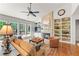 Inviting living room with a fireplace, built-in shelving, and large windows overlooking the backyard at 1315 Badingham Dr, Cumming, GA 30041