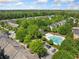 Aerial view featuring homes, trees, and a community pool at 3366 Thornbridge Dr, Powder Springs, GA 30127