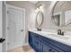 Modern bathroom with blue vanity, double sinks, and quartz countertops at 6351 Granbury Nw Walk, Acworth, GA 30101