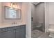 Bathroom features a vanity with gray cabinets, a glass shower, and modern fixtures at 140 Johnson Rd, Suwanee, GA 30024