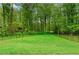 Spacious, level back yard with mature trees and a black iron fence, perfect for outdoor activities at 575 Indian Hills Pkwy, Marietta, GA 30068