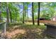This large fenced in backyard has plenty of space and beautiful trees at 5855 Willis Ln, Cumming, GA 30040