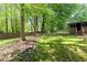 Secluded backyard with mature trees, shed, and a well-manicured lawn offering plenty of space for activities at 5855 Willis Ln, Cumming, GA 30040