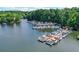 Aerial view of the community marina with boat slips and various watercrafts at 1215 Wynridge Xing, Alpharetta, GA 30005