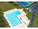 Aerial view showcasing the community pool area, complete with lap lanes and adjacent tennis courts at 6857 Womack Ct, Atlanta, GA 30360