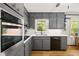 Updated kitchen featuring stainless steel appliances, gray cabinets, and a bright eat-in breakfast area at 6857 Womack Ct, Atlanta, GA 30360