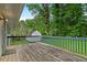 Exterior shot of a spacious wooden back deck overlooking a lush, green backyard at 34 Duke Dr, Lawrenceville, GA 30046