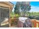 Outdoor deck features a wood railing, grill and a screened-in door to the backyard at 147 Gold Bridge Xing, Canton, GA 30114
