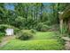 A view of the backyard with overgrown grass and a shed in the far left corner at 2214 River Rd, Ellenwood, GA 30294