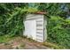 A shed with overgrown weeds and vegetation surrounding the building at 2214 River Rd, Ellenwood, GA 30294