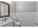 Stylish half-bathroom featuring a pedestal sink, modern fixtures, and classic wainscoting at 5407 Waters Edge Trl, Roswell, GA 30075