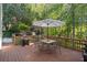 Enjoy this deck with an umbrella covered table and chairs, perfect for outdoor dining and relaxation at 1880 Barrett Dr, Cumming, GA 30040