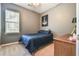 Bedroom featuring a window, blue comforter set, and gray painted walls at 1719 Kings Cross Ct, Hoschton, GA 30548